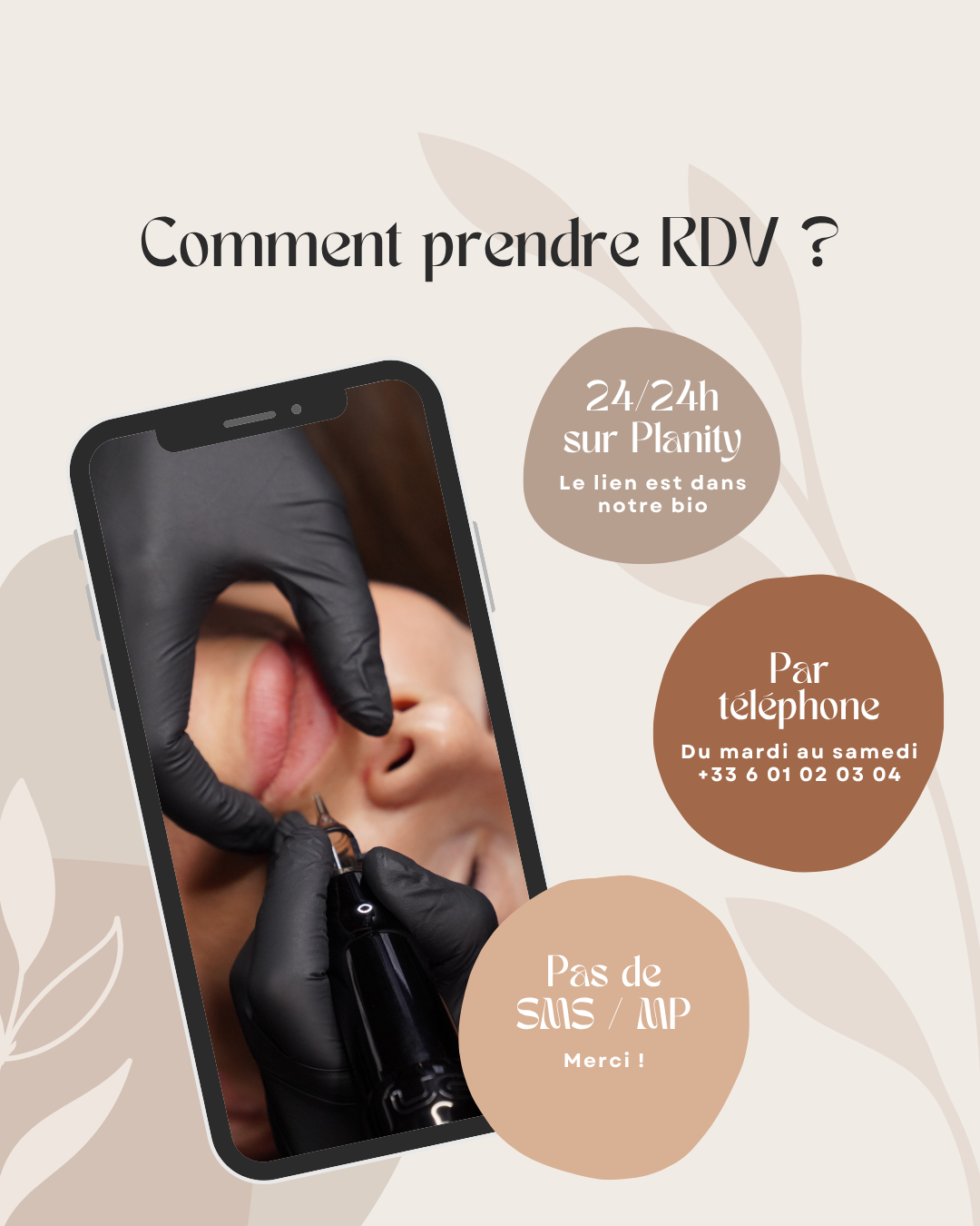 50 modèles de posts "Contact / Services / Tarifs" - Maquillage Permanent