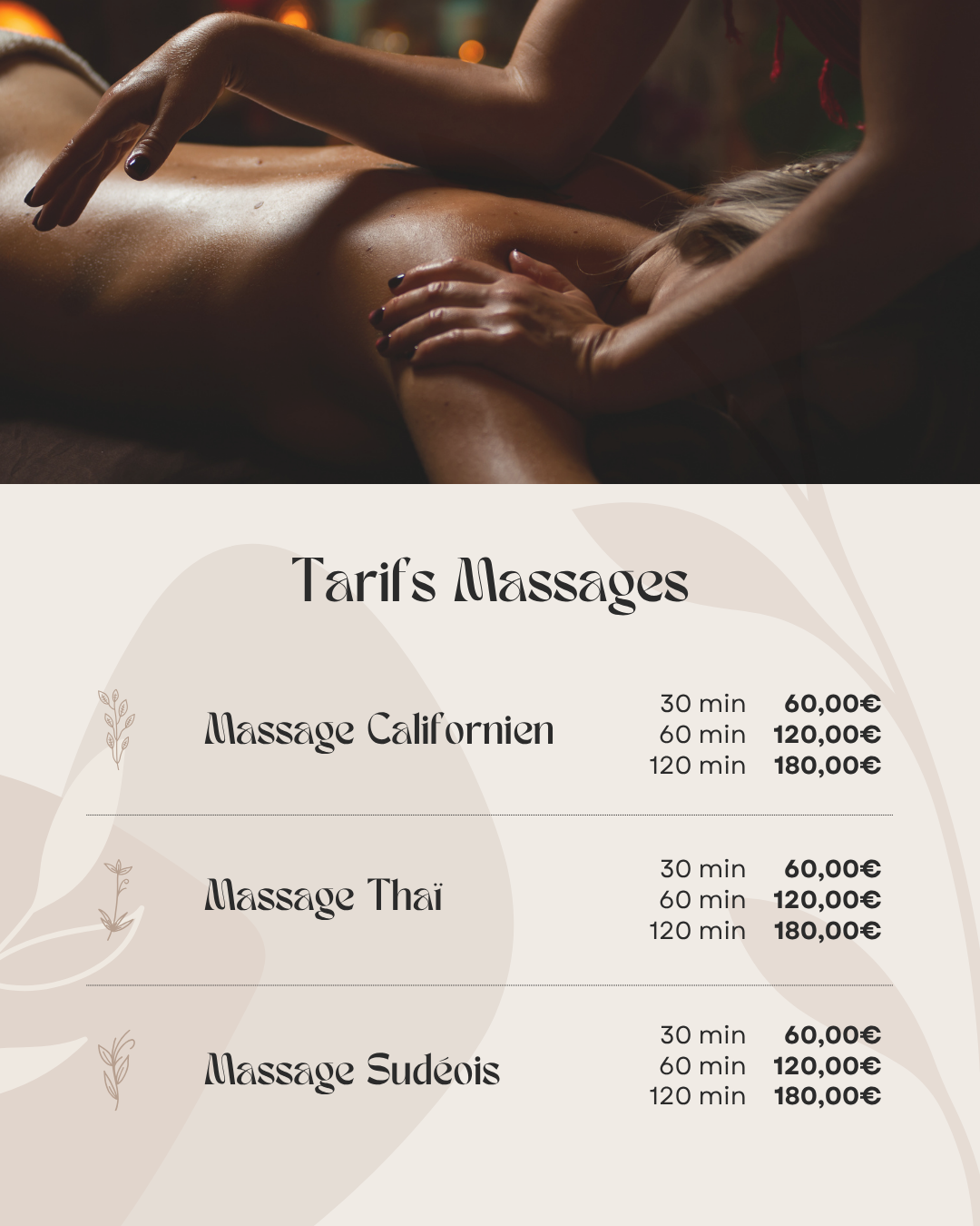 50 modèles de posts "Contact / Services / Tarifs" - Massage