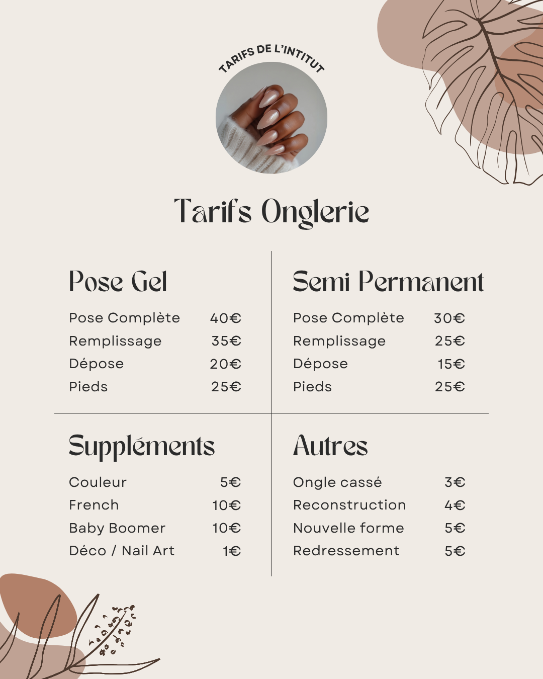 50 modèles de posts Contact / Services / Tarifs - Prothésiste Ongulaire